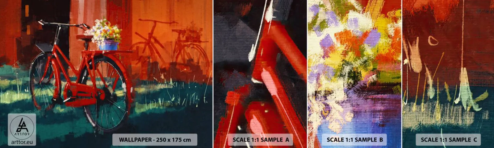 Vzor Fototapety Samolepicí Deluxe Sticker - I want to ride my bicycle - Vintage kolo, Květiny v květináči, Výlet - 100x30 cm