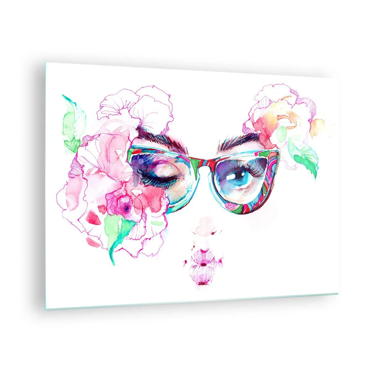 Obraz na skle - Dámské oči s květinami a barevnými brýlemi ve stylu akvarelu - 70x50cm - Svůdný slib - Moderní nástěnná dekorace do obývacího pokoje a ložnice ARTTOR