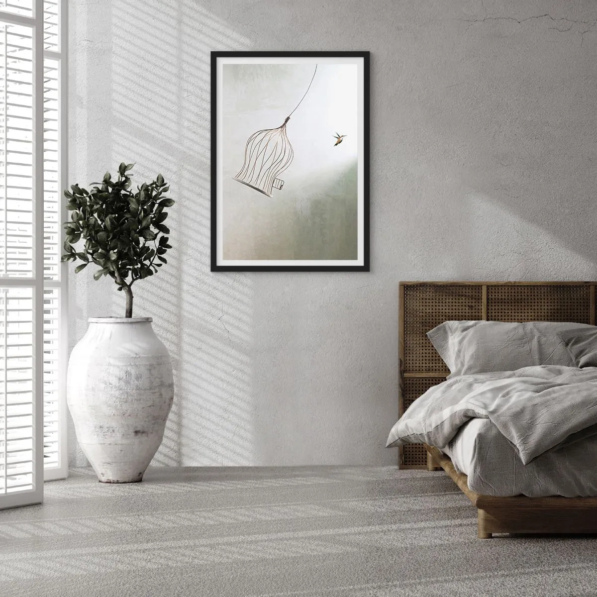 Plakát v černém rámu - Pták opouštějící klec v minimalistickém stylu. - 50x70cm - Ve svém živlu - Moderní nástěnná dekorace do obývacího pokoje a ložnice ARTTOR