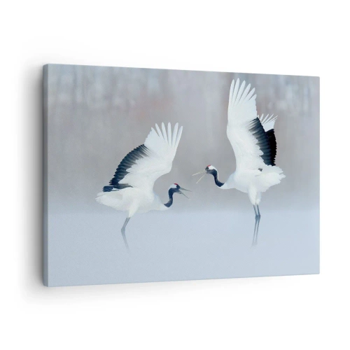 Obraz na plátně - Dva jeřábi tančící v mlhavé krajině - 70x50cm - Tanec v mlze - Moderní nástěnná dekorace do obývacího pokoje a ložnice ARTTOR