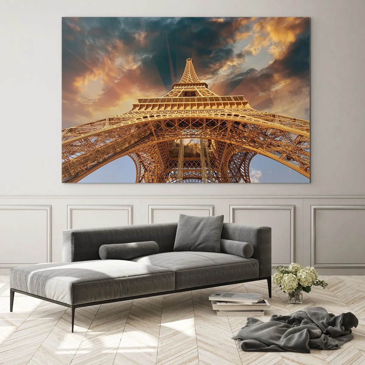 Obraz na skle - Eiffelova věž zachycená z pohledu červího oka - 70x50cm - Jak lidstvo dosáhlo nebe - Moderní nástěnná dekorace do obývacího pokoje a ložnice ARTTOR