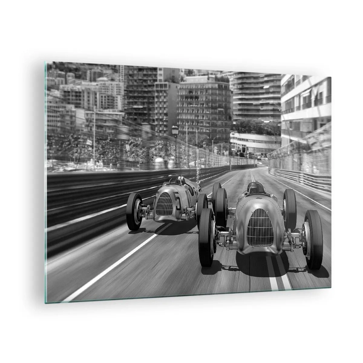 Obraz na skle - Závod historických automobilů v černé a bílé - 70x50cm - Kdysi dávno v Monte Carlu - Moderní nástěnná dekorace do obývacího pokoje a ložnice ARTTOR