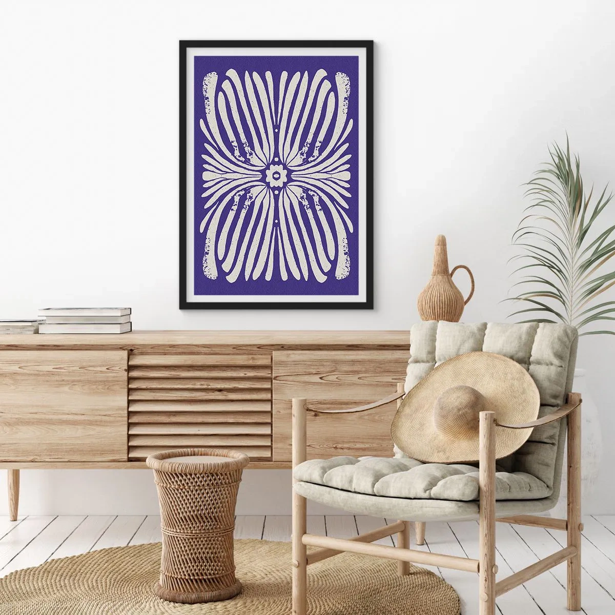 Plakát v černém rámu - Symetrický retro květinový vzor na tmavě modrém pozadí - 50x70cm - Etnické inspirace - Moderní nástěnná dekorace do obývacího pokoje a ložnice ARTTOR