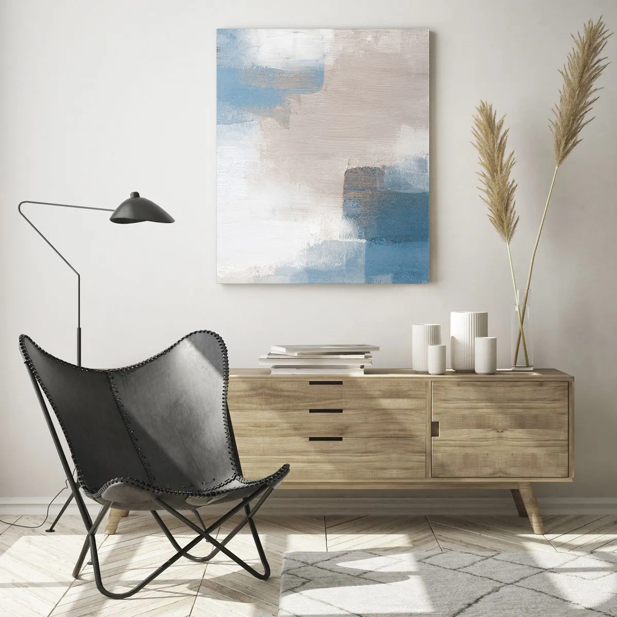 Obraz na skle - Růžová abstrakce za modrým závojem - 80x120 cm