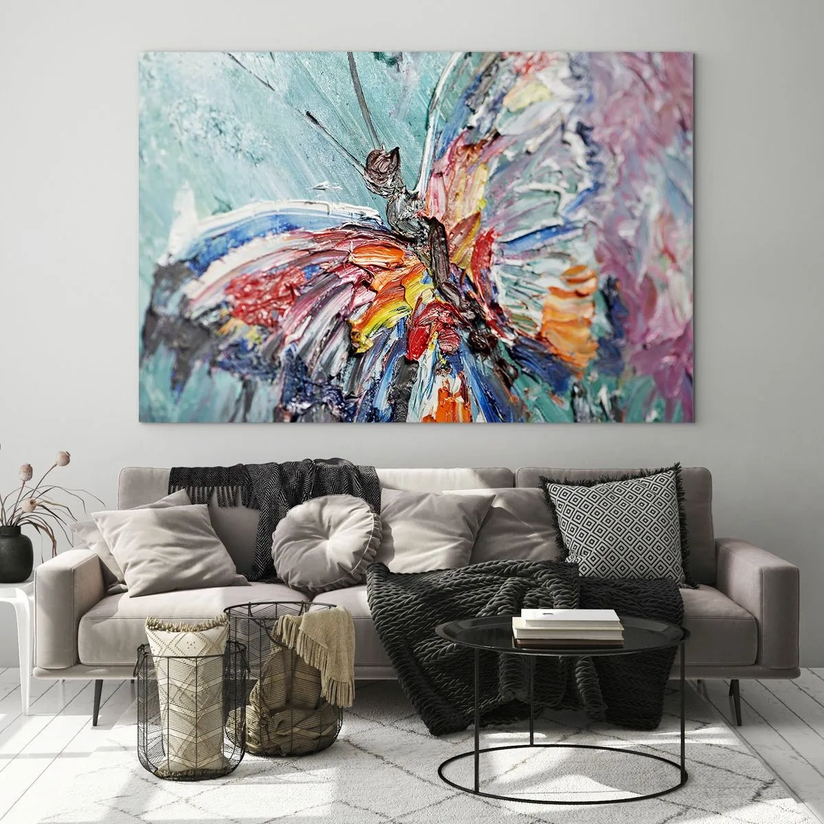 Obraz na skle - Barevný motýl v abstraktním stylu na modrém pozadí - 70x50cm - Namalovaný přírodou - Moderní nástěnná dekorace do obývacího pokoje a ložnice ARTTOR