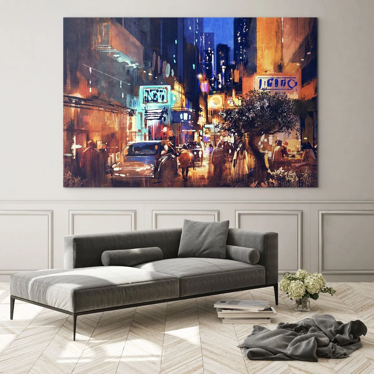 Obraz na skle - Malebná noční městská scéna s neonovými světly a pouličním provozem - 70x50cm - A město nespí - Moderní nástěnná dekorace do obývacího pokoje a ložnice ARTTOR