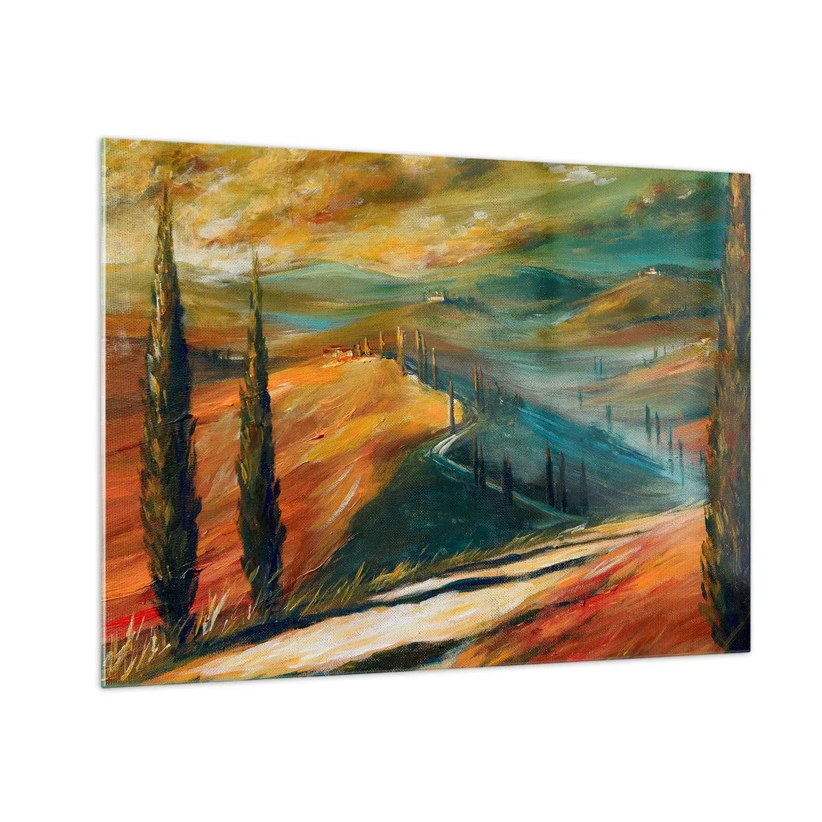 Obraz na skle - Západ slunce nad toskánským kopcem - 70x50cm - Toskánská krajina - Moderní nástěnná dekorace do obývacího pokoje a ložnice ARTTOR