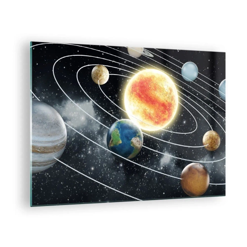 Obraz na skle - Sluneční soustava s planetami a oběžnými dráhami na pozadí vesmíru - 70x50cm - Vesmírný tanec - Moderní nástěnná dekorace do obývacího pokoje a ložnice ARTTOR