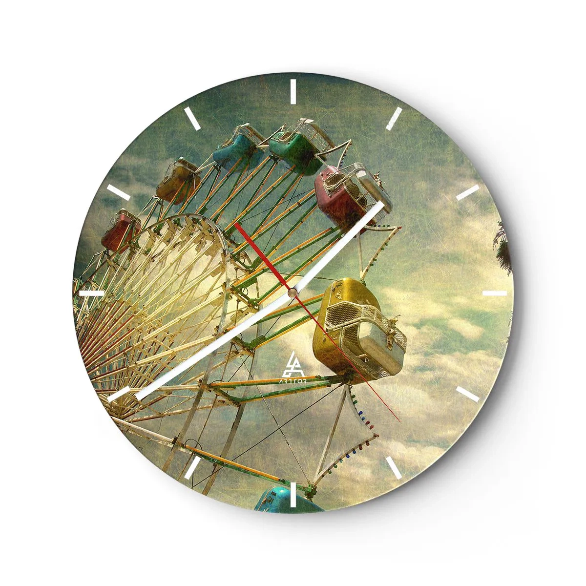 Nástěnné hodiny - Barevné ruské kolo proti obloze v retro stylu - 30x30cm - Bude, bude zábava… - Moderní nástěnná dekorace do obývacího pokoje, kuchyně a ložnice ARTTOR