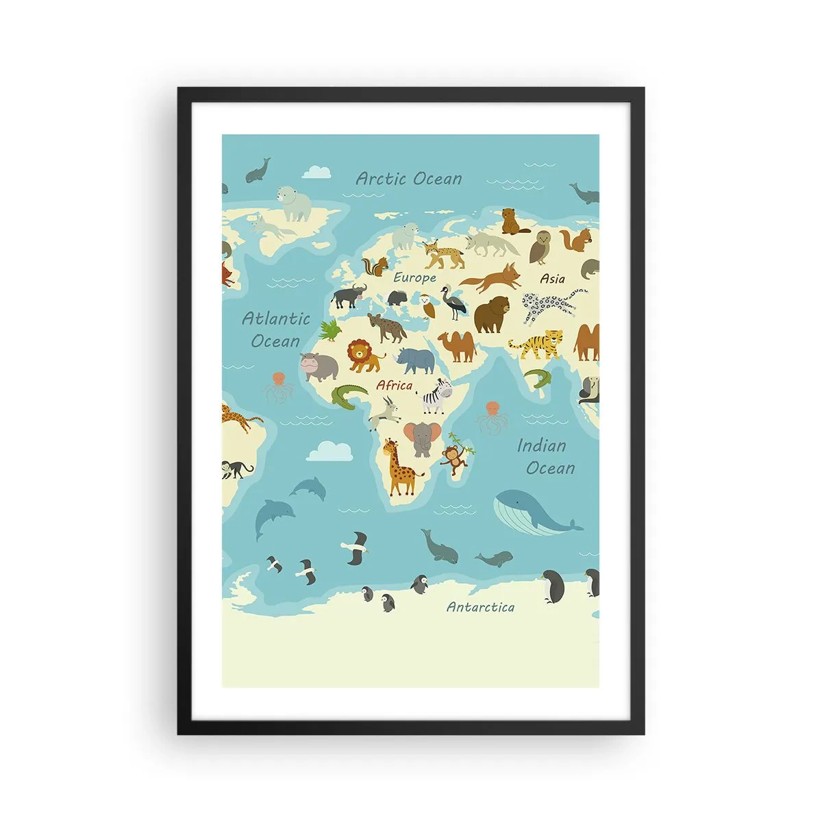 Plakát v černém rámu - Mapa světa s ilustracemi zvířat v různých regionech - 50x70cm - Dobří sousedé - Moderní nástěnná dekorace do obývacího pokoje a ložnice ARTTOR