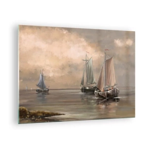 Obraz na skle - Tři plachetnice na klidném moři v pastelových barvách - 70x50cm - Návrat námořníků - Moderní nástěnná dekorace do obývacího pokoje a ložnice ARTTOR