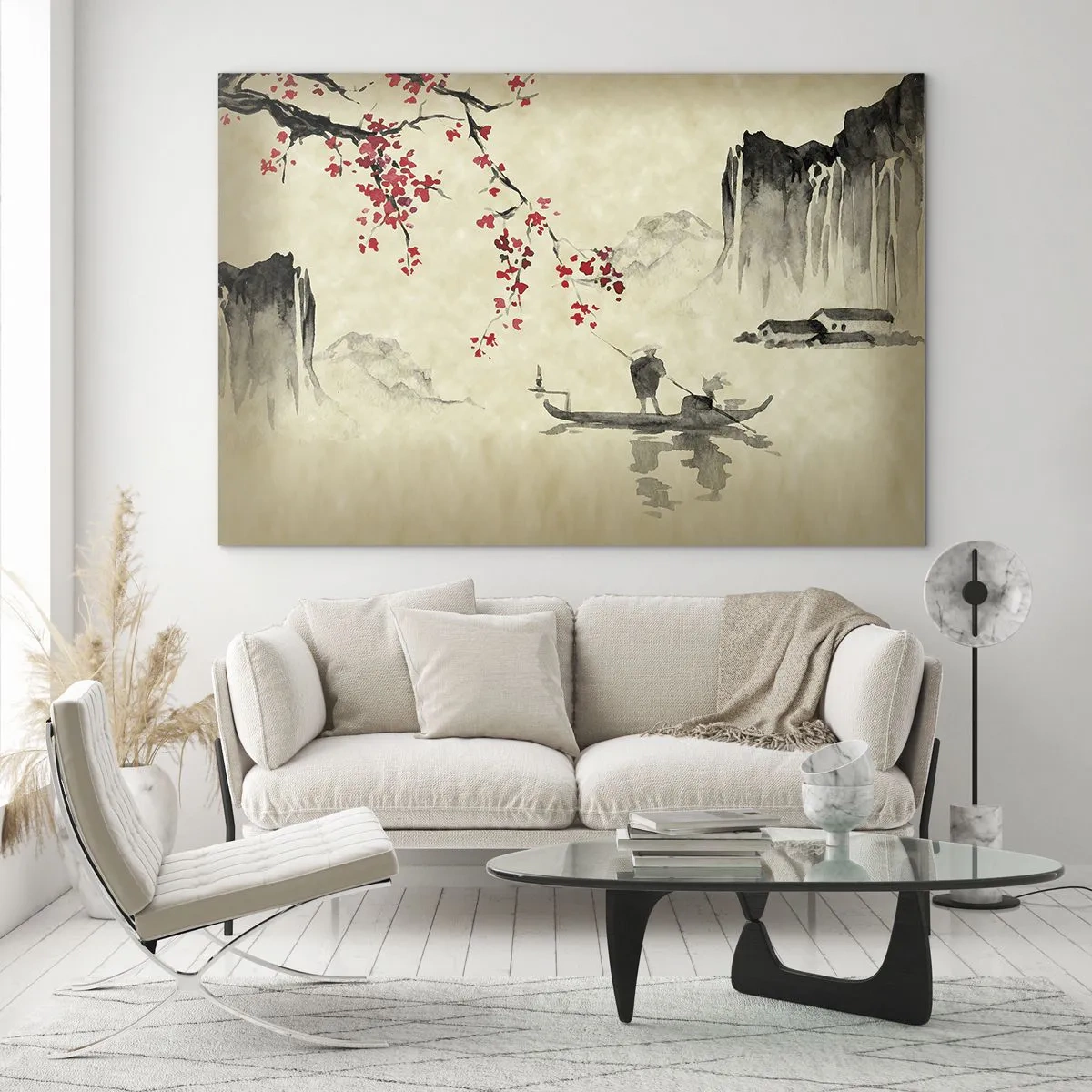 Obraz na skle - Orientální rybářská scéna s větví třešňového květu a horami - 70x50cm - V zemi kvetoucích třešní - Moderní nástěnná dekorace do obývacího pokoje a ložnice ARTTOR