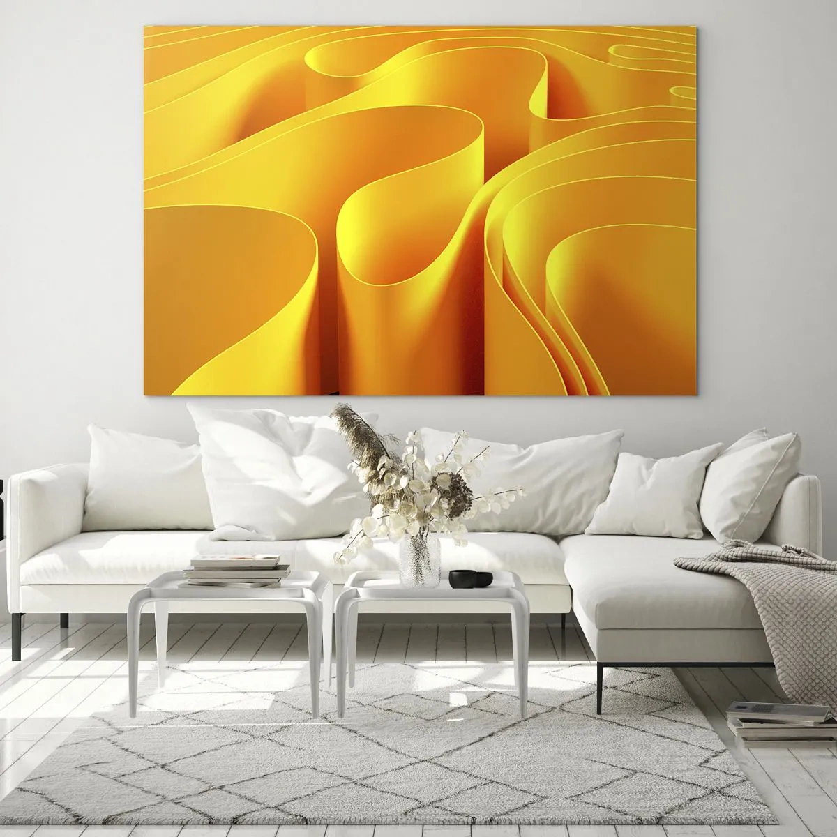Obraz na skle - Abstraktní vlny v odstínech zlaté a oranžové - 70x50cm - Jako sluneční vlny - Moderní nástěnná dekorace do obývacího pokoje a ložnice ARTTOR