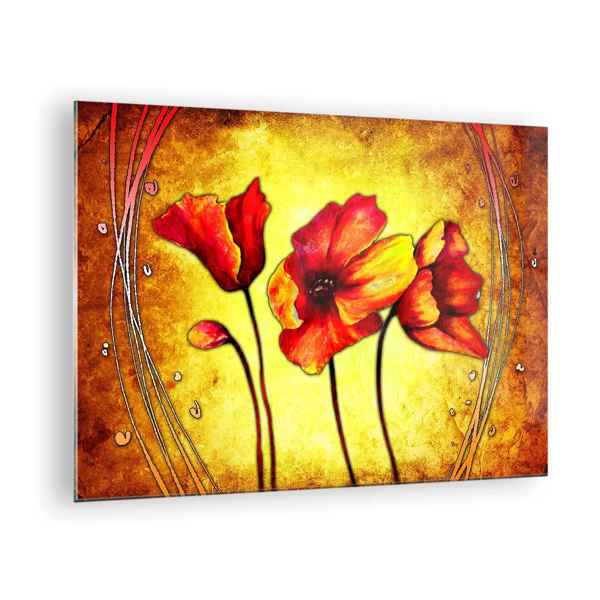 Obraz na skle - Červené vlčí máky na pozadí zlatých odstínů s uměleckými detaily - 70x50cm - V secesní dekoraci - Moderní nástěnná dekorace do obývacího pokoje a ložnice ARTTOR