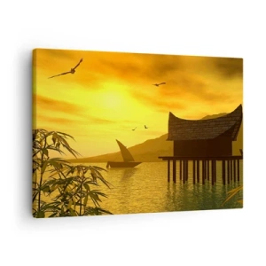 Obraz na plátně - Tropický západ slunce nad vodou s dřevěným domem na kůlech. - 70x50cm - Vytoužený klid - Moderní nástěnná dekorace do obývacího pokoje a ložnice ARTTOR