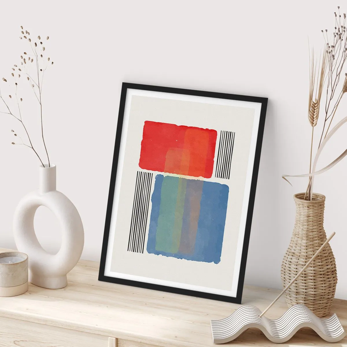 Plakát v černém rámu - Abstraktní kompozice s červenými a modrými obdélníky - 50x70cm - Duch a písmeno geometrie - Moderní nástěnná dekorace do obývacího pokoje a ložnice ARTTOR