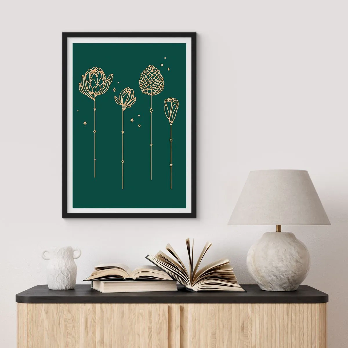 Plakát v černém rámu - Zlaté obrysy květin na tmavě zeleném pozadí - 50x70cm - Bylinky - Moderní nástěnná dekorace do obývacího pokoje a ložnice ARTTOR