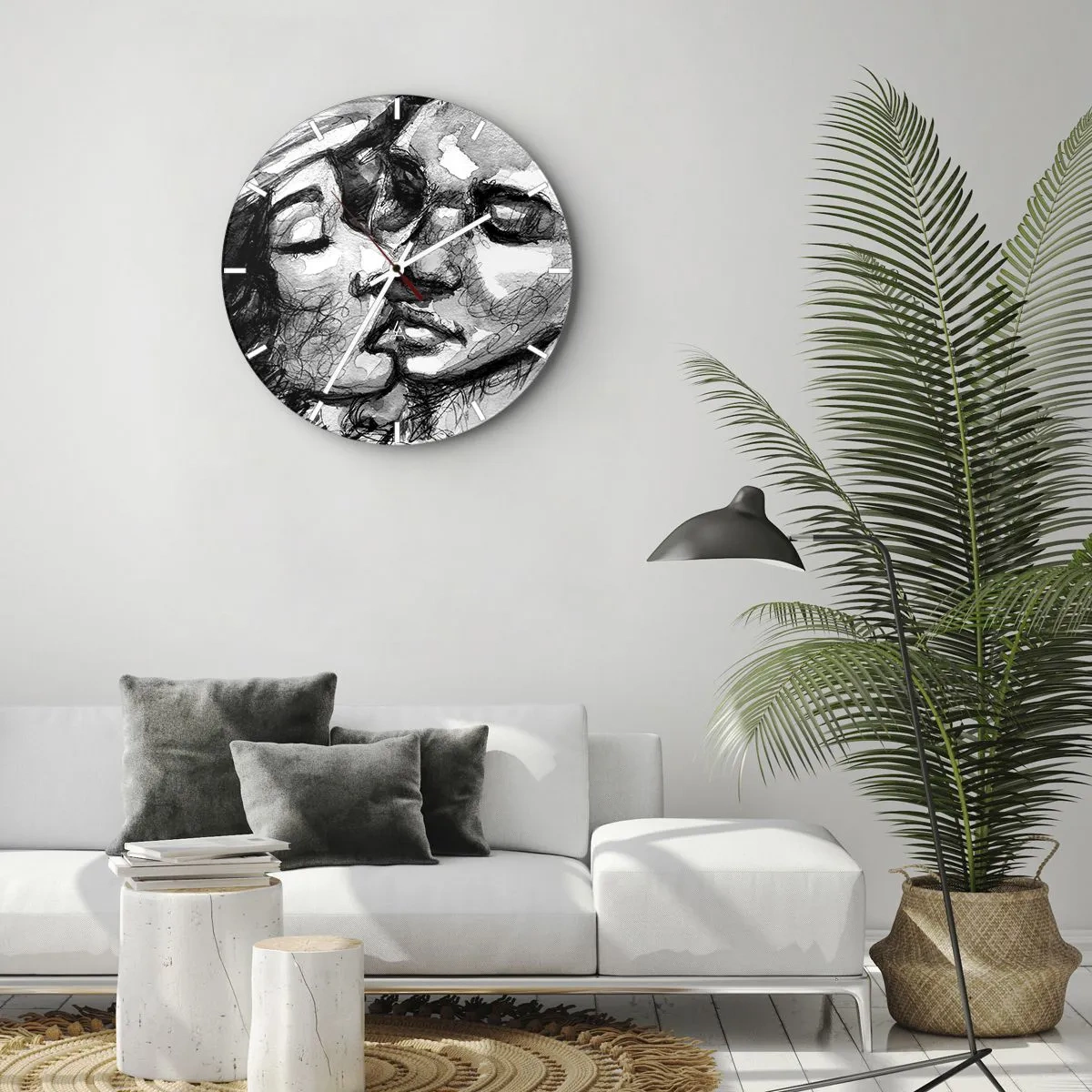 Nástěnné hodiny - Černobílá skica líbajícího se páru - 30x30cm - Něžný okamžik - Moderní nástěnná dekorace do obývacího pokoje, kuchyně a ložnice ARTTOR