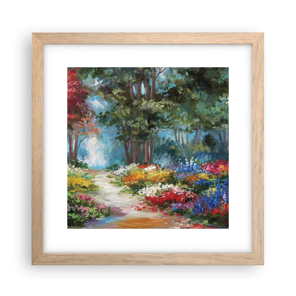 Plakát v rámu světlý dub - Lesní zahrada, květinový les - 30x30 cm