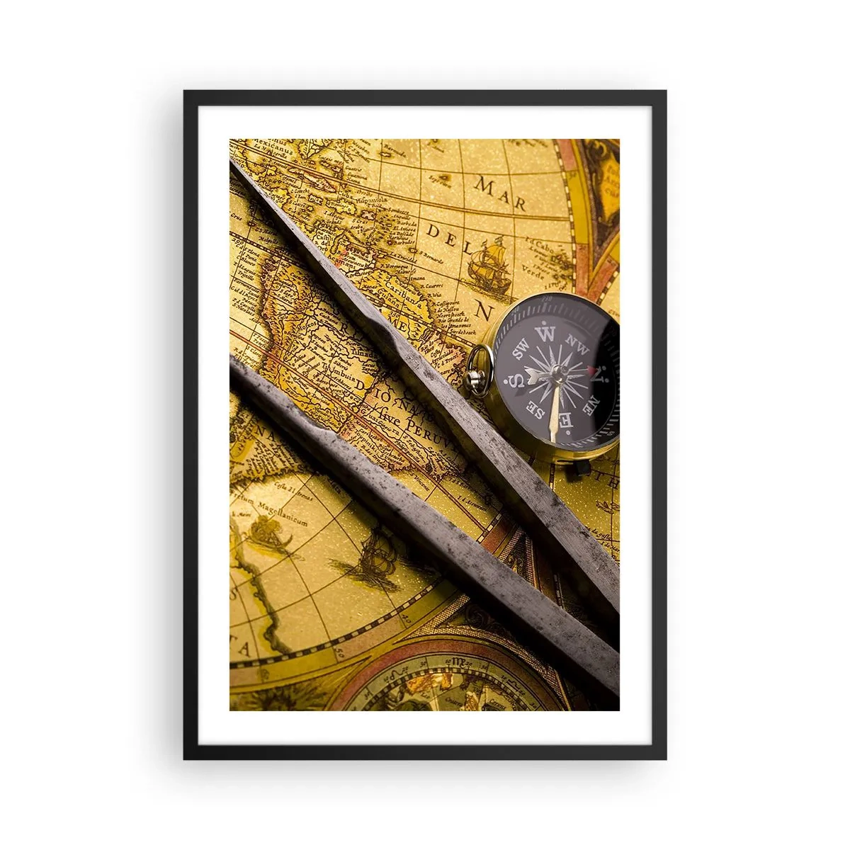 Plakát v černém rámu - Stará mapa s kompasem a navigačními nástroji - 50x70cm - Kde jsou ty poklady? - Moderní nástěnná dekorace do obývacího pokoje a ložnice ARTTOR