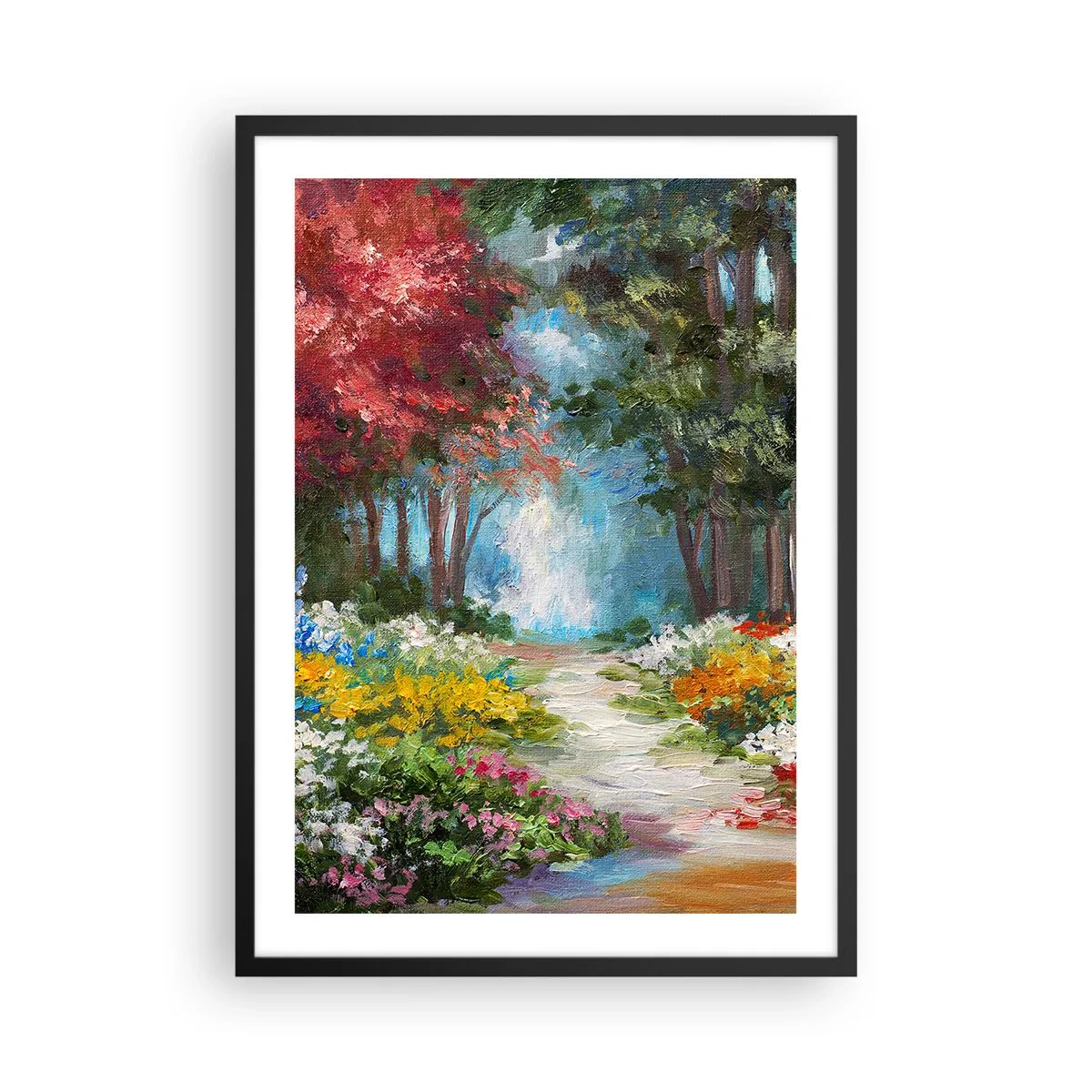 Plakát v černém rámu - Barevná lesní zahrada plná květin a stromů - 50x70cm - Lesní zahrada, květinový les - Moderní nástěnná dekorace do obývacího pokoje a ložnice ARTTOR