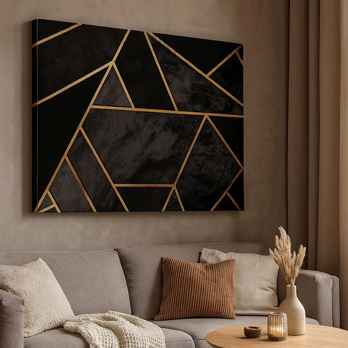 Obraz na plátně - Geometrický zlatý vzor na černém pozadí - 70x50cm - Temnota a světlo - Moderní nástěnná dekorace do obývacího pokoje a ložnice ARTTOR
