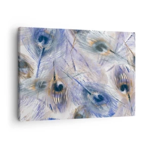 Obraz na plátně - Vzor s pavími pery v odstínech modré a zlaté - 70x50cm - Kompozice pavího oka - Moderní nástěnná dekorace do obývacího pokoje a ložnice ARTTOR