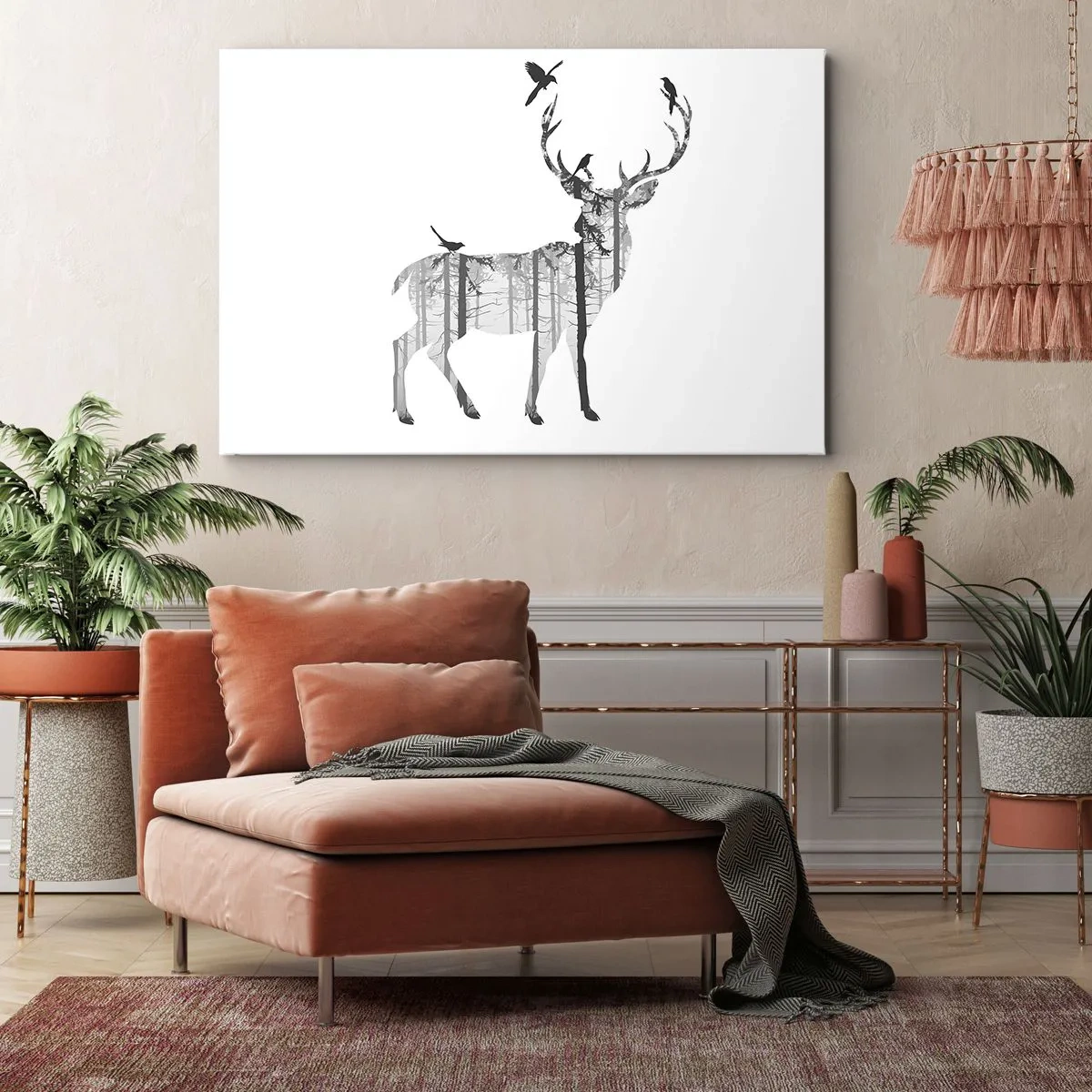 Obraz na plátně - Silueta jelena s lesem a ptáky - 70x50cm - Dobrý duch lesa - Moderní nástěnná dekorace do obývacího pokoje a ložnice ARTTOR