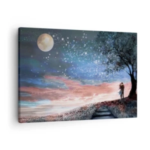 Obraz na plátně - Romantický pár scéna za úplňku - 70x50cm - Hvězdicovité představení - Moderní nástěnná dekorace do obývacího pokoje a ložnice ARTTOR