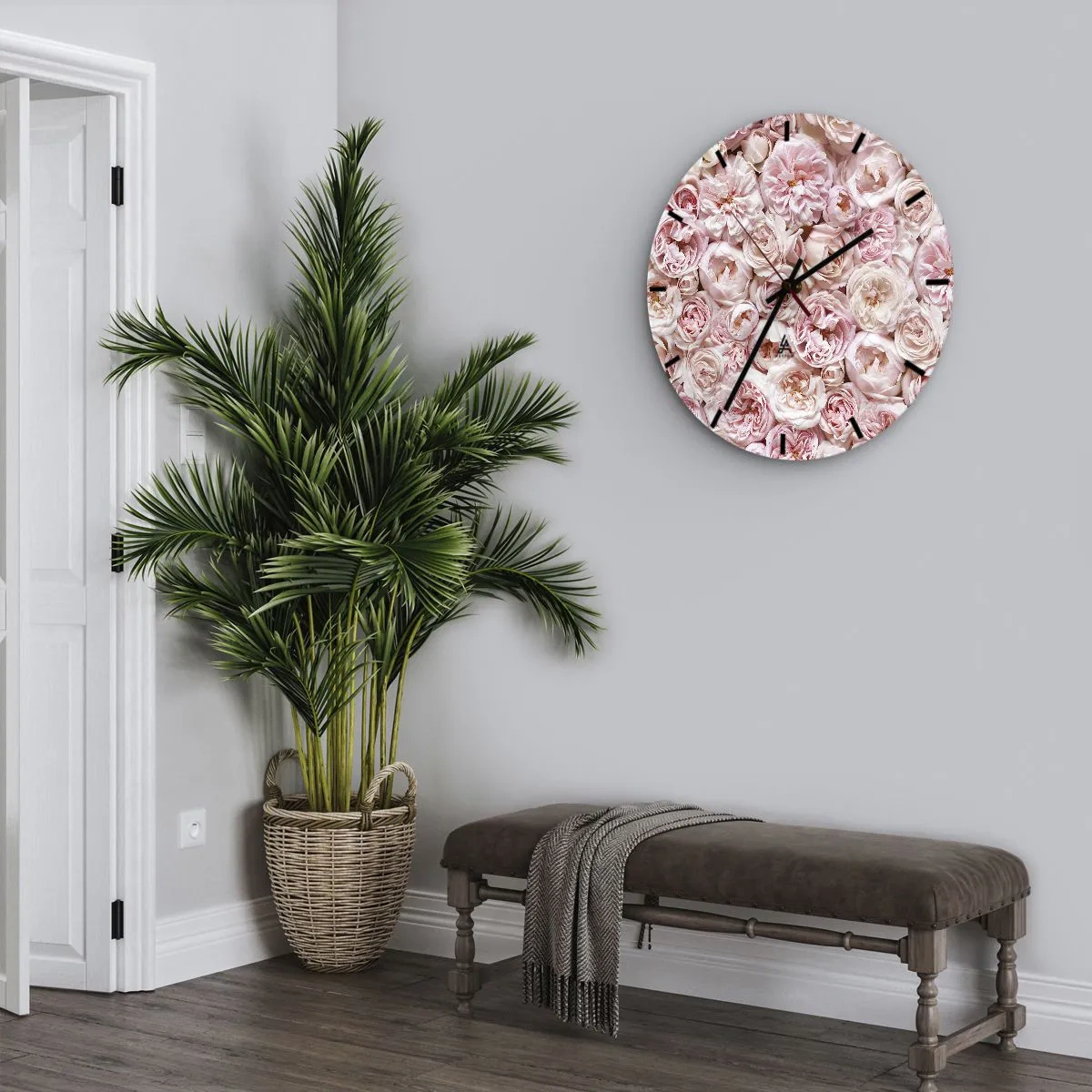 Nástěnné hodiny - Hustá kytice světle růžových růží v plném květu - 30x30cm - Vydlážděná růžemi - Moderní nástěnná dekorace do obývacího pokoje, kuchyně a ložnice ARTTOR