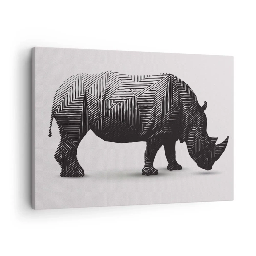 Obraz na plátně - Grafická silueta nosorožce v černobílém vzoru - 70x50cm - Geometrická krása přírody - Moderní nástěnná dekorace do obývacího pokoje a ložnice ARTTOR
