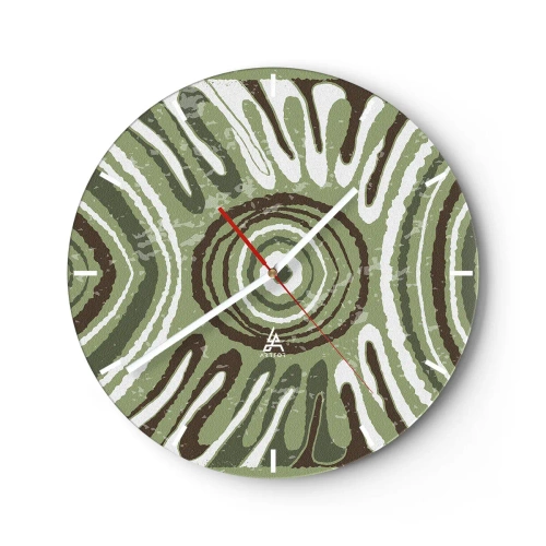 Nástěnné hodiny - Zelená a hnědá symetrická kompozice se soustřednými vzory - 30x30cm - Exploze emocí - Moderní nástěnná dekorace do obývacího pokoje, kuchyně a ložnice ARTTOR