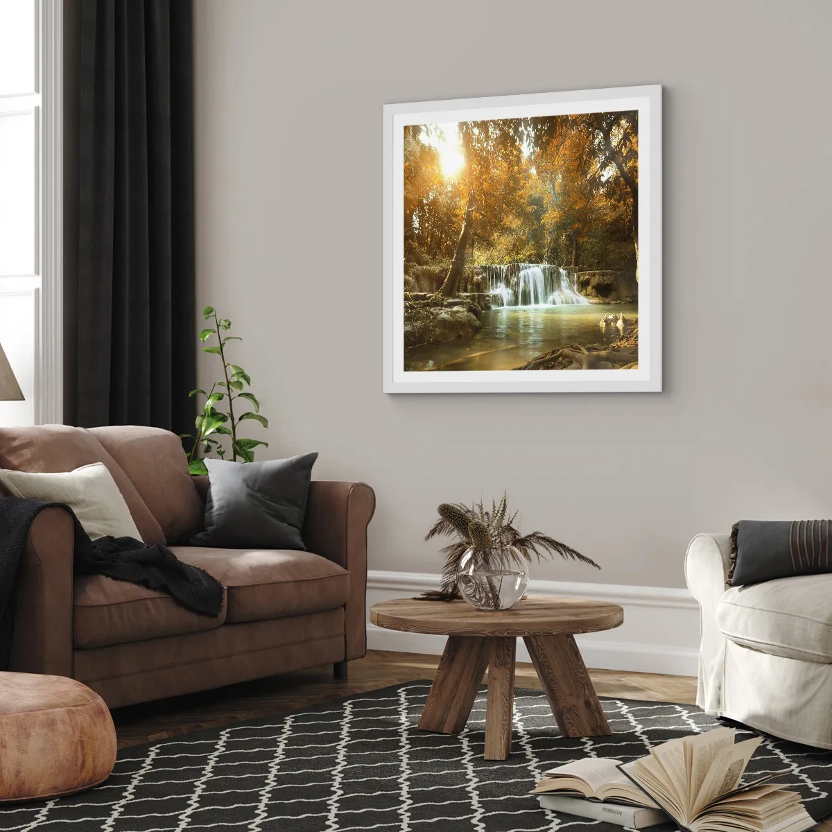 Plakát v bílém rámu - Parkový vodopád - 60x60 cm