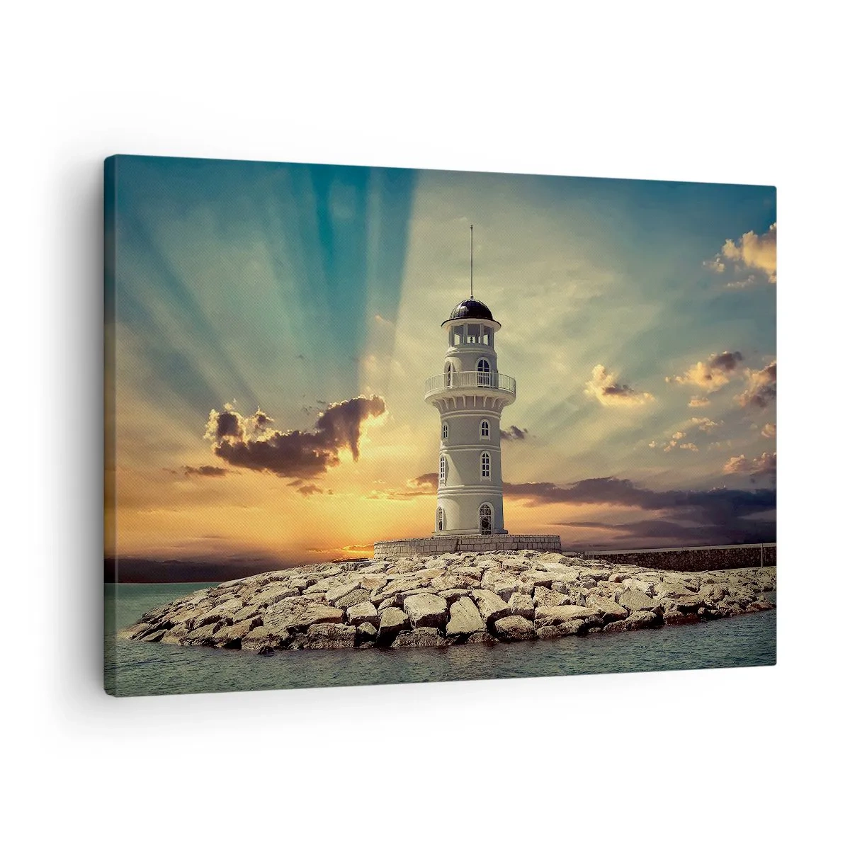 Obraz na plátně - Maják při západu slunce proti obloze - 70x50cm - Světlo - Dobro - Krása - Moderní nástěnná dekorace do obývacího pokoje a ložnice ARTTOR
