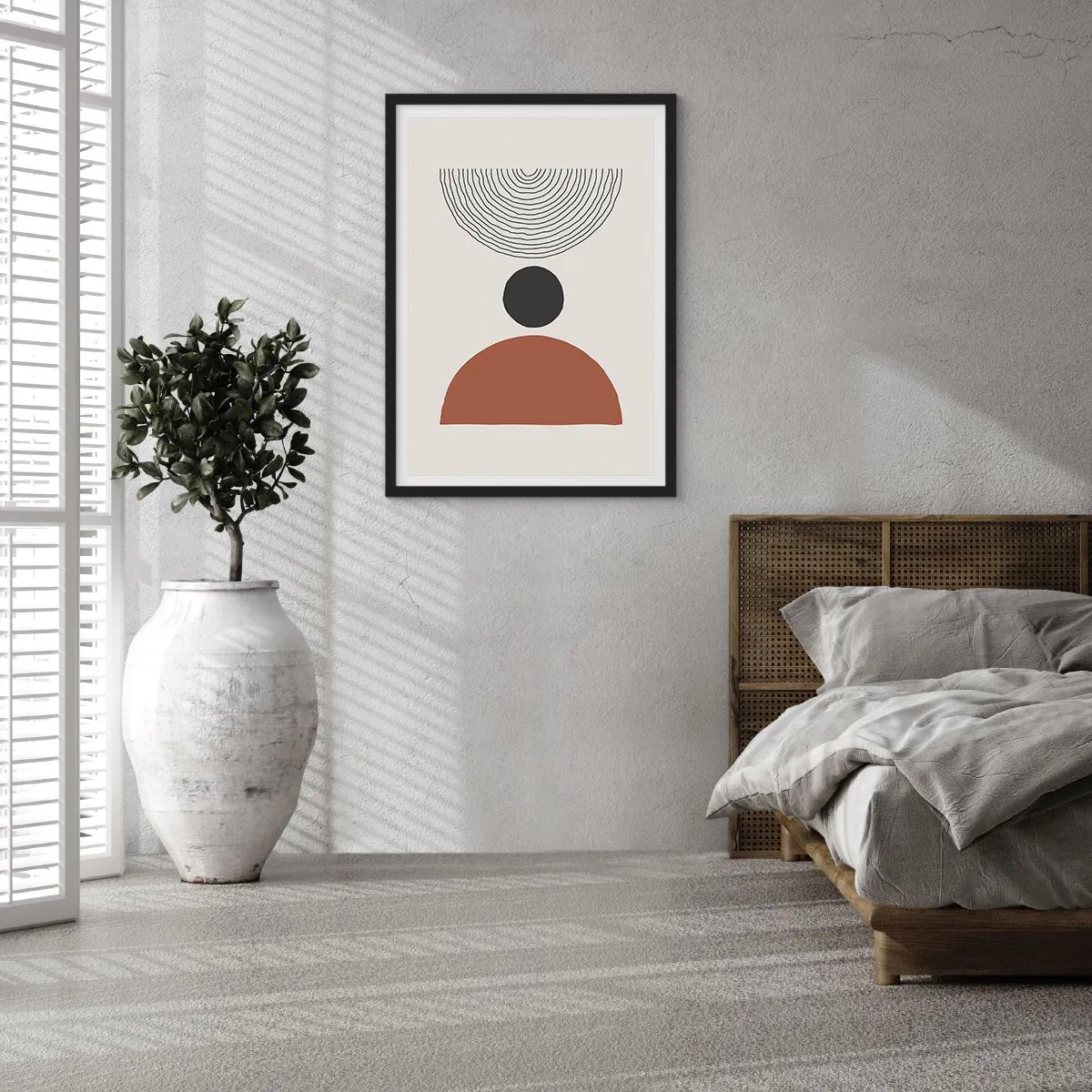 Plakát v černém rámu - Geometrický motiv s půlkruhem a čarami na světlém pozadí - 50x70cm - V centru pozornosti - Moderní nástěnná dekorace do obývacího pokoje a ložnice ARTTOR