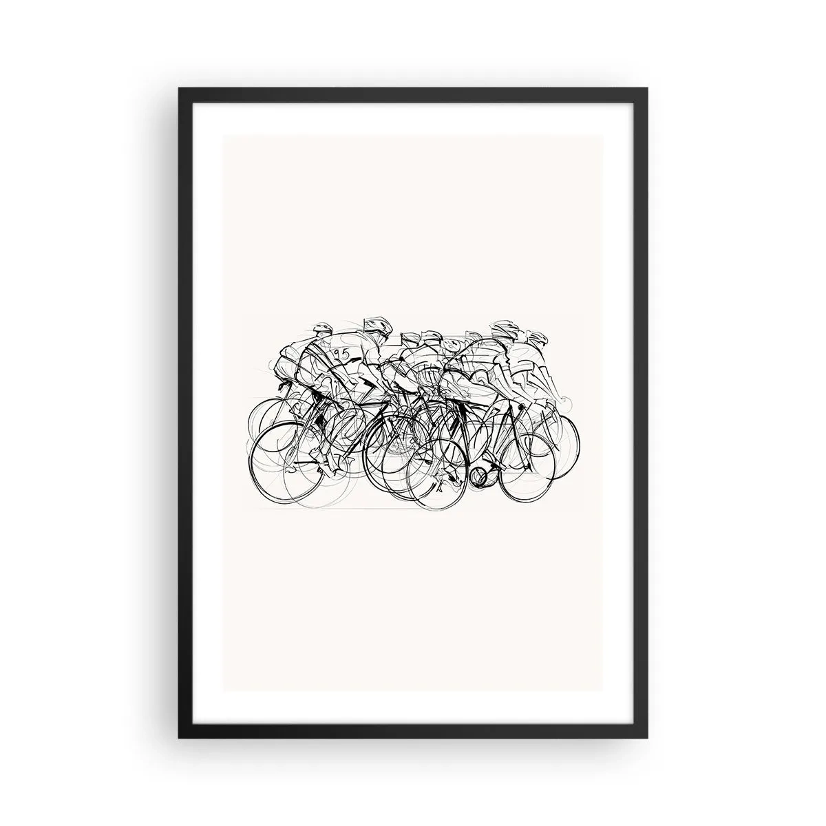Plakát v černém rámu - Skica cyklistů závodících na minimalistickém pozadí - 50x70cm - Společně v týmu - Moderní nástěnná dekorace do obývacího pokoje a ložnice ARTTOR