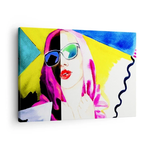 Obraz na plátně - Barevný portrét ženy se slunečními brýlemi - 70x50cm - Nejsem bílá a nejsem černá - Moderní nástěnná dekorace do obývacího pokoje a ložnice ARTTOR