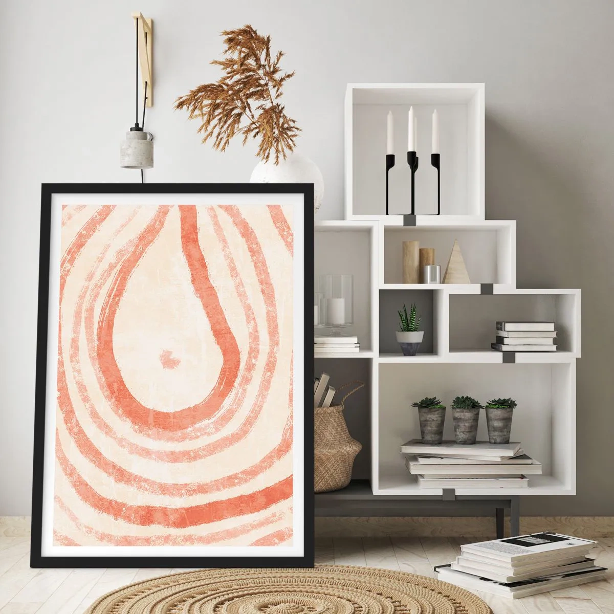 Plakát v černém rámu - Abstraktní vzor v teplých, zemitých barvách. - 50x70cm - Korálové kruhy – kompozice - Moderní nástěnná dekorace do obývacího pokoje a ložnice ARTTOR