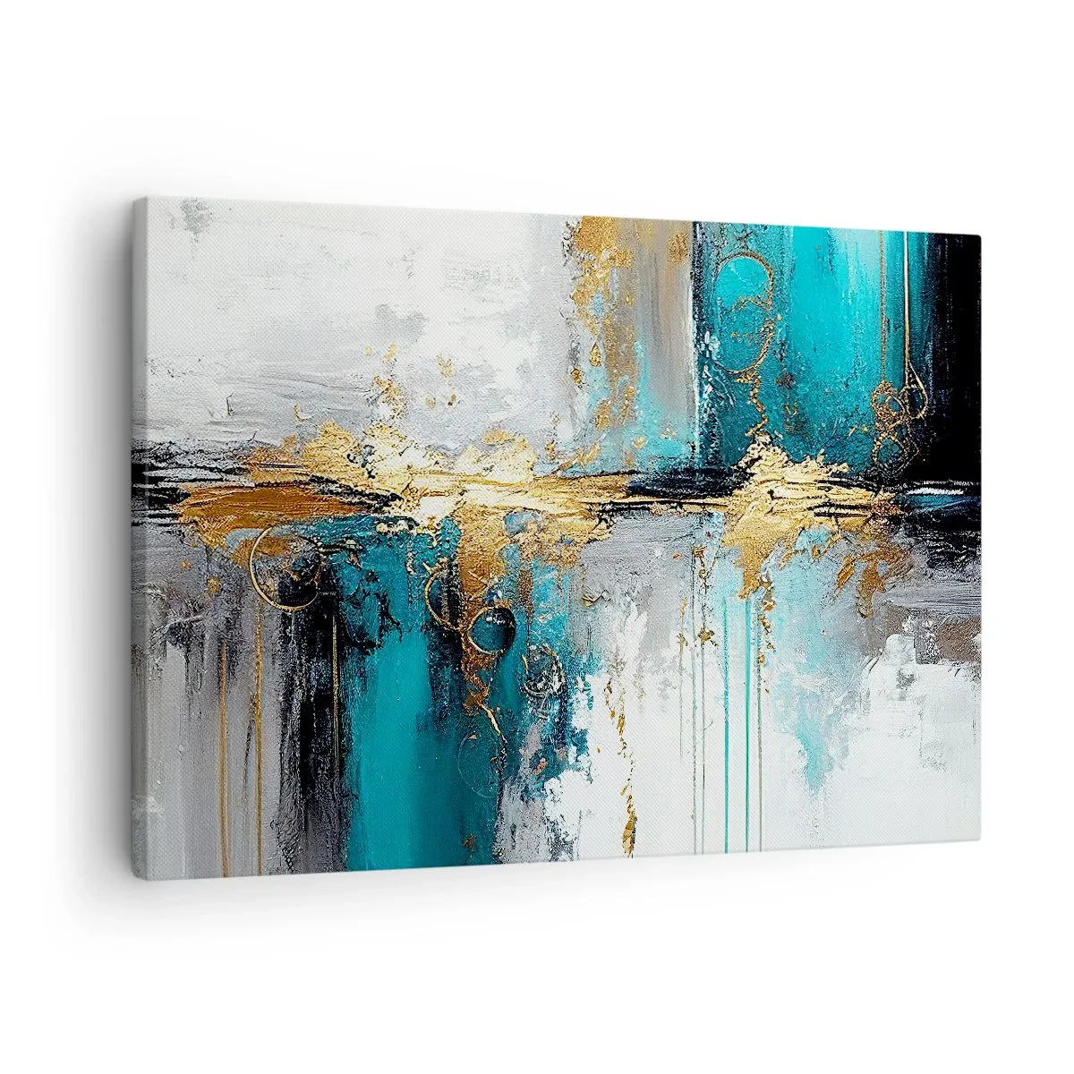 Obraz na plátně - Abstraktní kompozice s tyrkysovými a zlatými akcenty. - 70x50cm - Všechno plyne - Moderní nástěnná dekorace do obývacího pokoje a ložnice ARTTOR