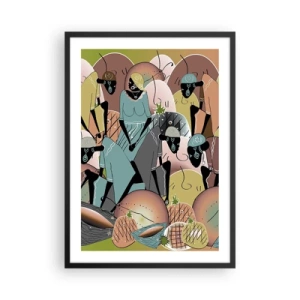 Plakát v černém rámu - Stylizovaná kompozice afrických figurek s pastelově zbarveným ovocem. - 50x70cm - Blíží se velký svátek - Moderní nástěnná dekorace do obývacího pokoje a ložnice ARTTOR
