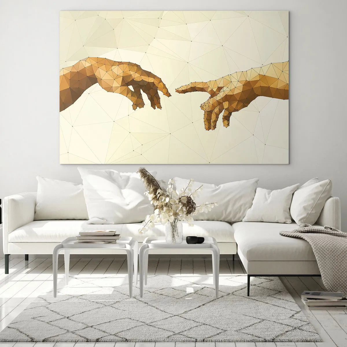 Obraz na skle - Stylizovaná verze obrazu „Stvoření Adama“ v polygonové technice - 70x50cm - Božská geometrie - Moderní nástěnná dekorace do obývacího pokoje a ložnice ARTTOR