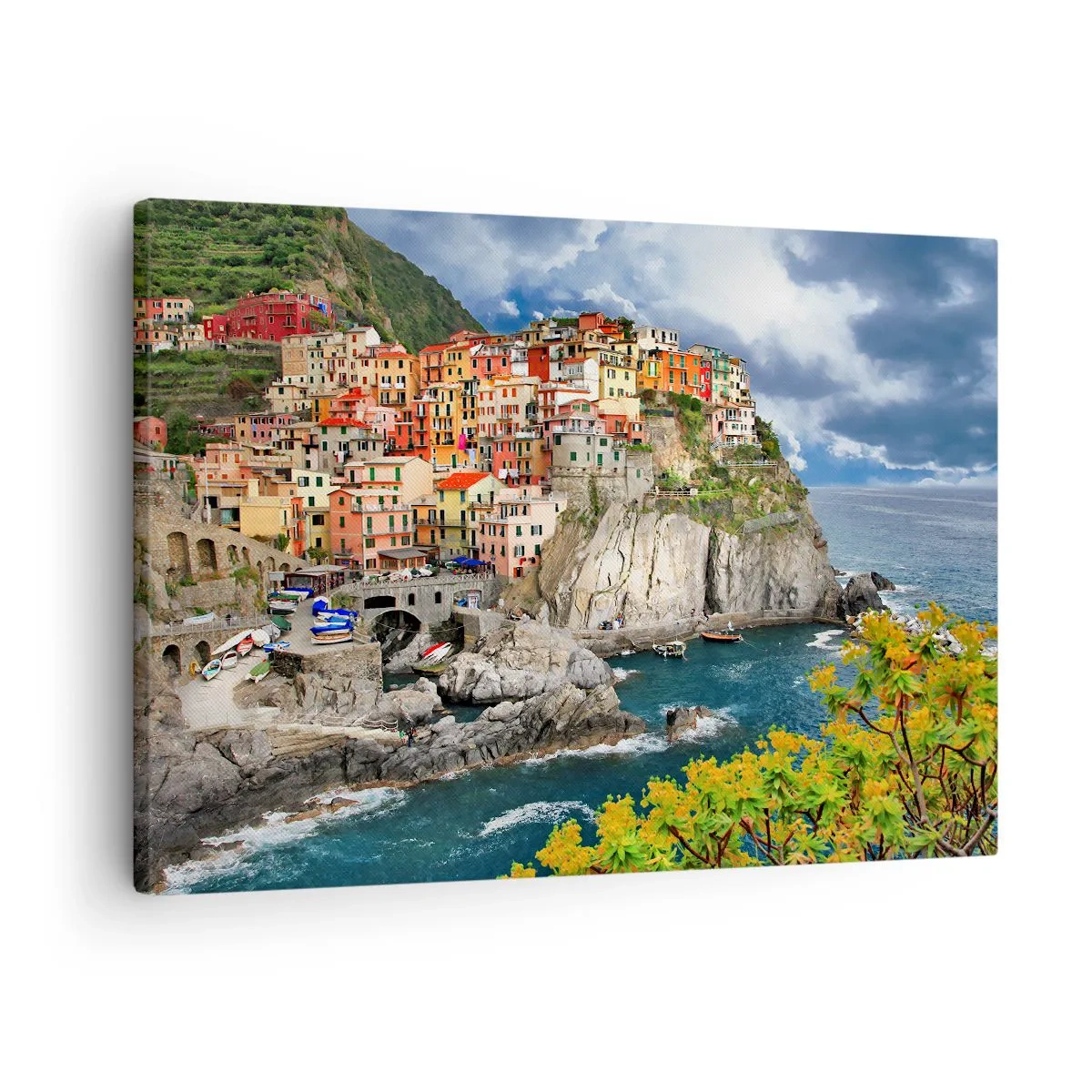 Obraz na plátně - Barevné domy na útesu s výhledem na moře v Cinque Terre - 70x50cm - Hromádka přitulená ke skalám - Moderní nástěnná dekorace do obývacího pokoje a ložnice ARTTOR
