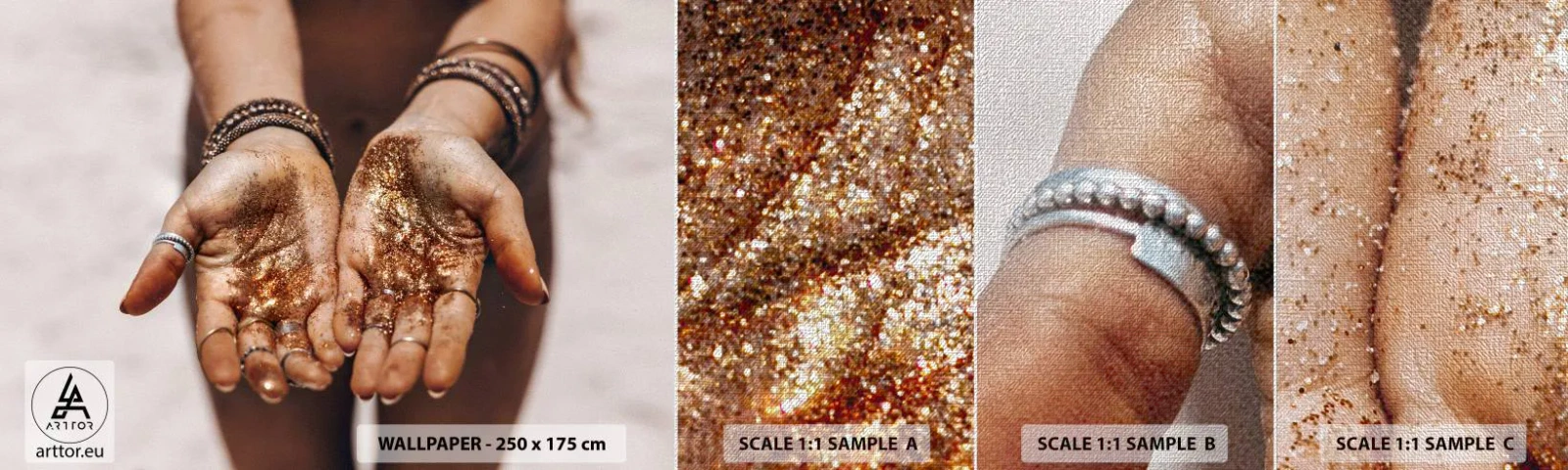 Vzor Fototapety Premium Canvas - Dárek pro tebe - ženské ruce, Boho, Zlato - 100x30 cm