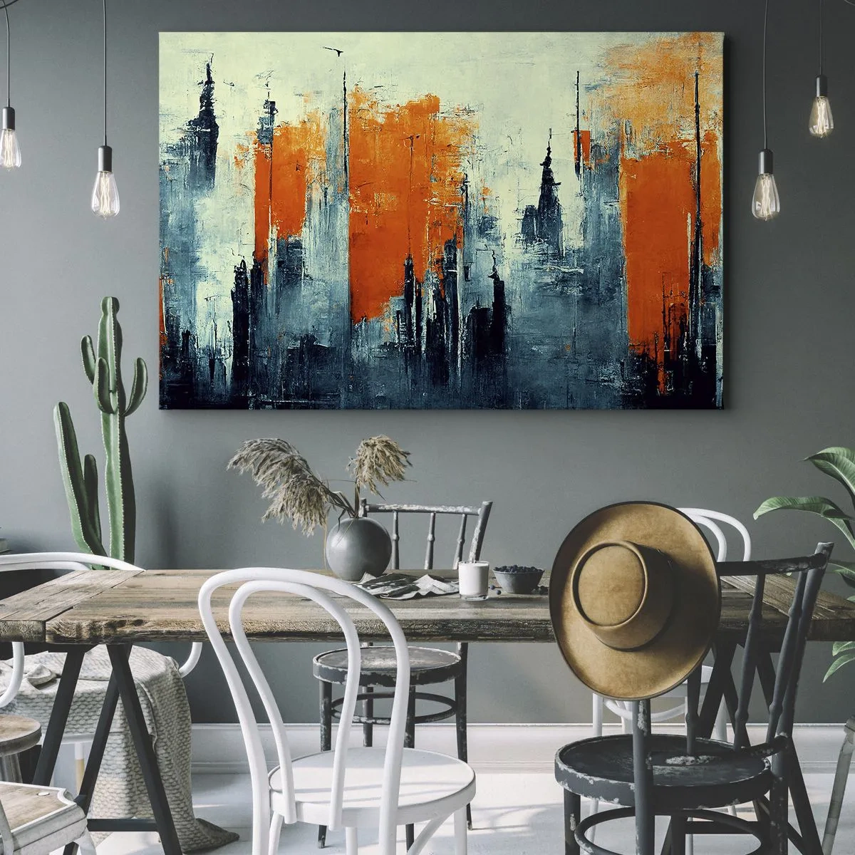 Obraz na plátně - Abstraktní městská krajina v odstínech oranžové a modré - 70x50cm - Moderní krajina - Moderní nástěnná dekorace do obývacího pokoje a ložnice ARTTOR