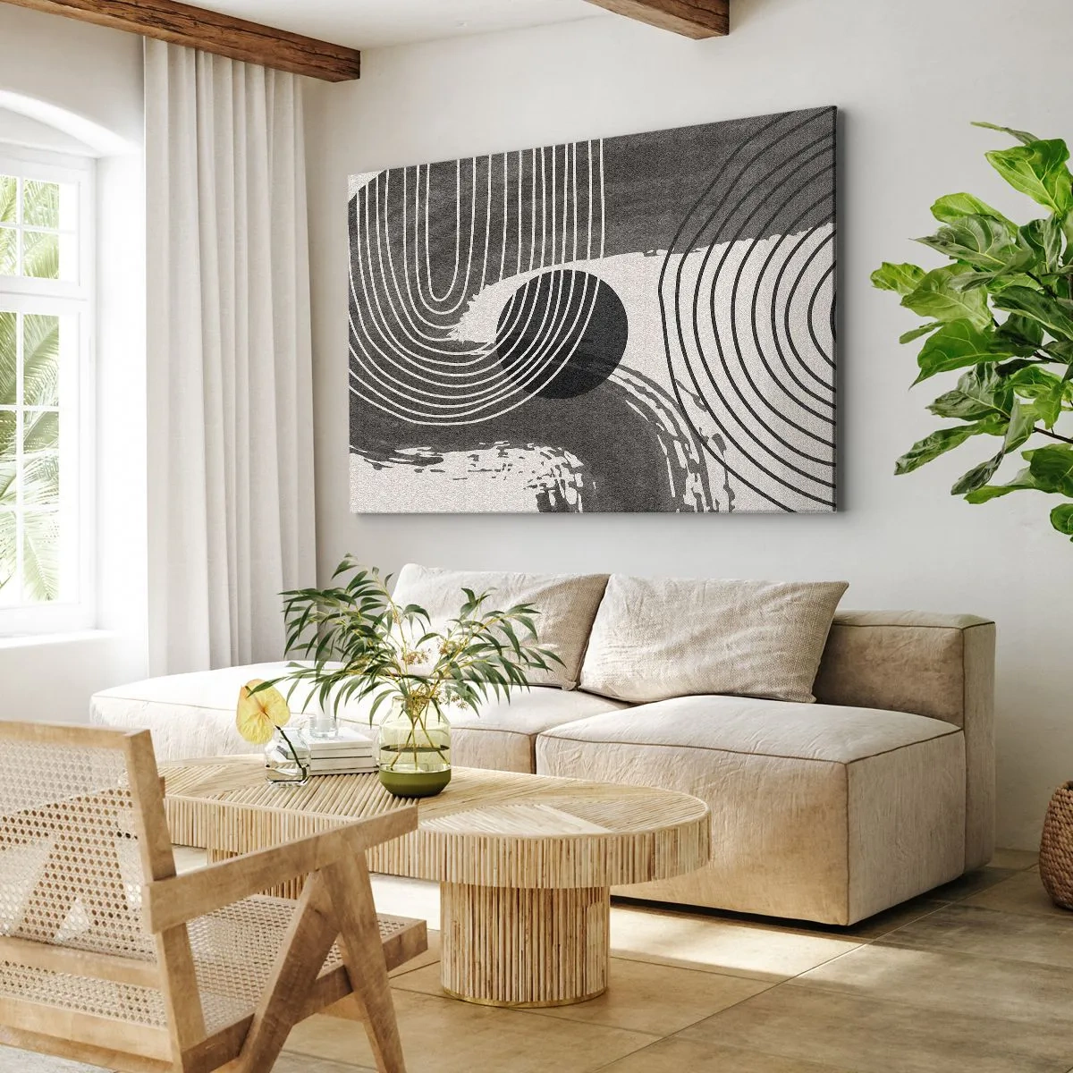 Obraz na plátně - Geometrické linie a ovály v monochromatických odstínech - 70x50cm - Ovál vítězí - Moderní nástěnná dekorace do obývacího pokoje a ložnice ARTTOR