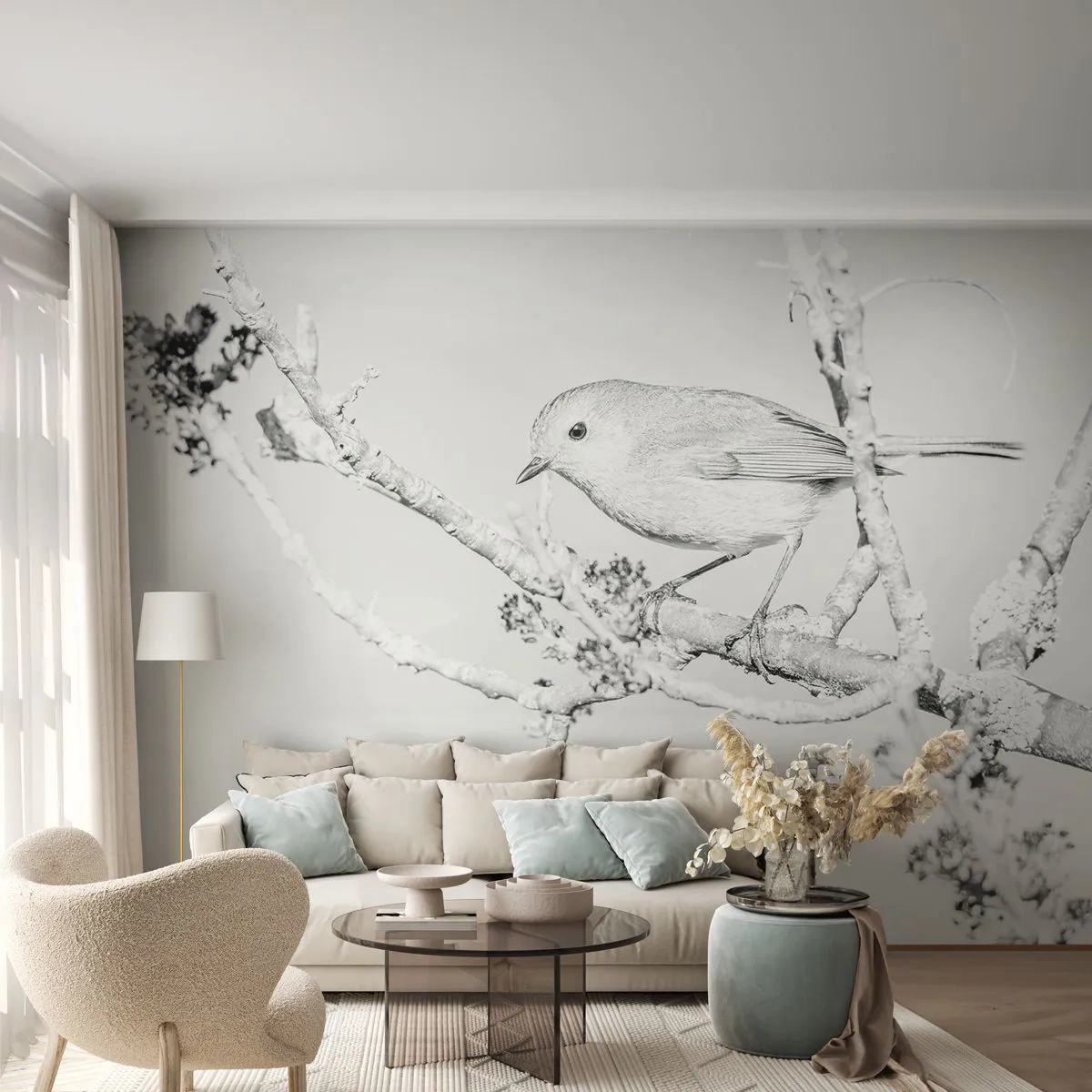 Fototapeta Standard Eco - Pták na větvi v černobílé zimní krajině - 100x70cm - Zimní ráno - Moderní nástěnná dekorace do obývacího pokoje a ložnice ARTTOR