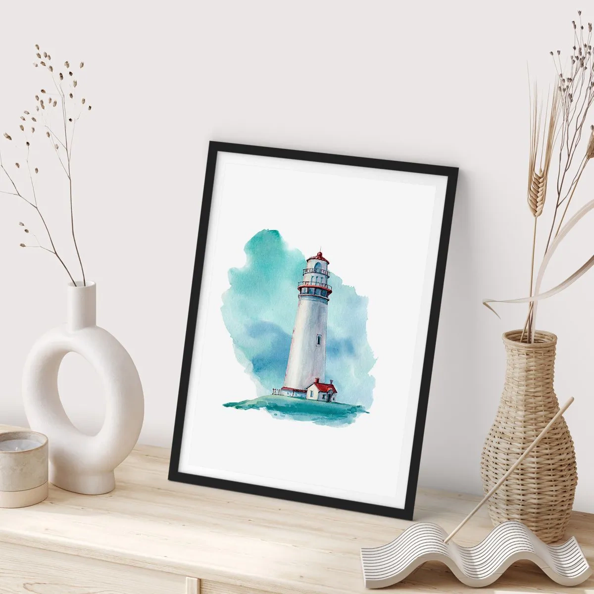 Plakát v černém rámu - Malířská ilustrace majáku obklopeného modrou oblohou. - 50x70cm - Něžná sestra blankytu - Moderní nástěnná dekorace do obývacího pokoje a ložnice ARTTOR