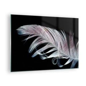 Obraz na skle - Jemné pírko na černém pozadí v uměleckém pojetí - 70x50cm - Přemýšlejte o dotyku - Moderní nástěnná dekorace do obývacího pokoje a ložnice ARTTOR