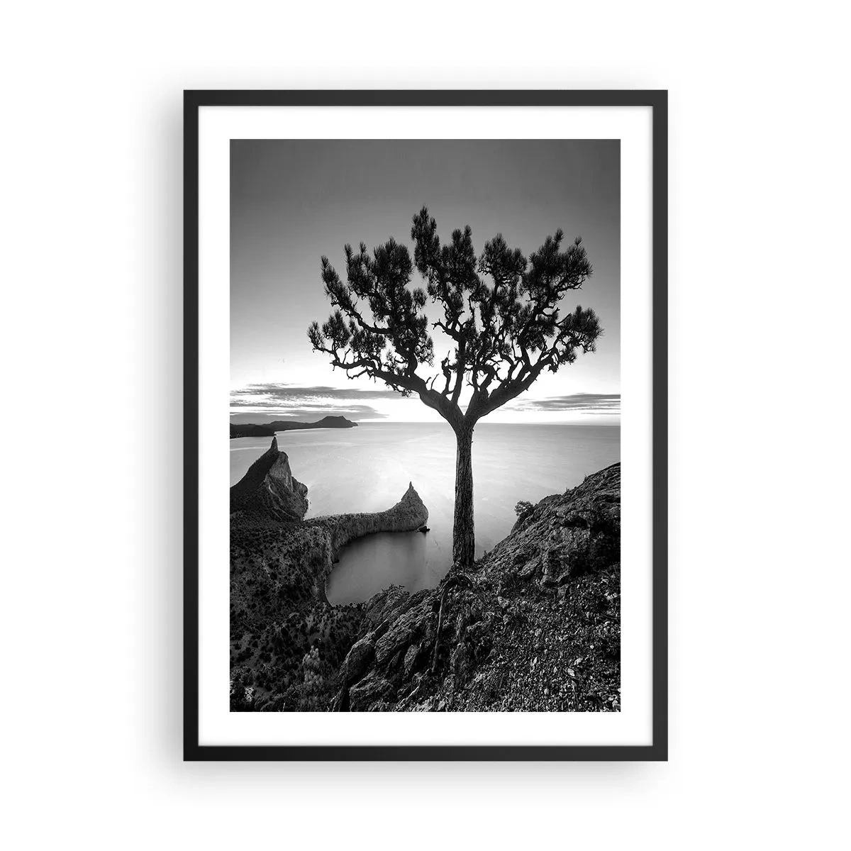Plakát v černém rámu - Černobílá krajina s osamělým stromem nad útesem - 50x70cm - Klid až k horizontu - Moderní nástěnná dekorace do obývacího pokoje a ložnice ARTTOR