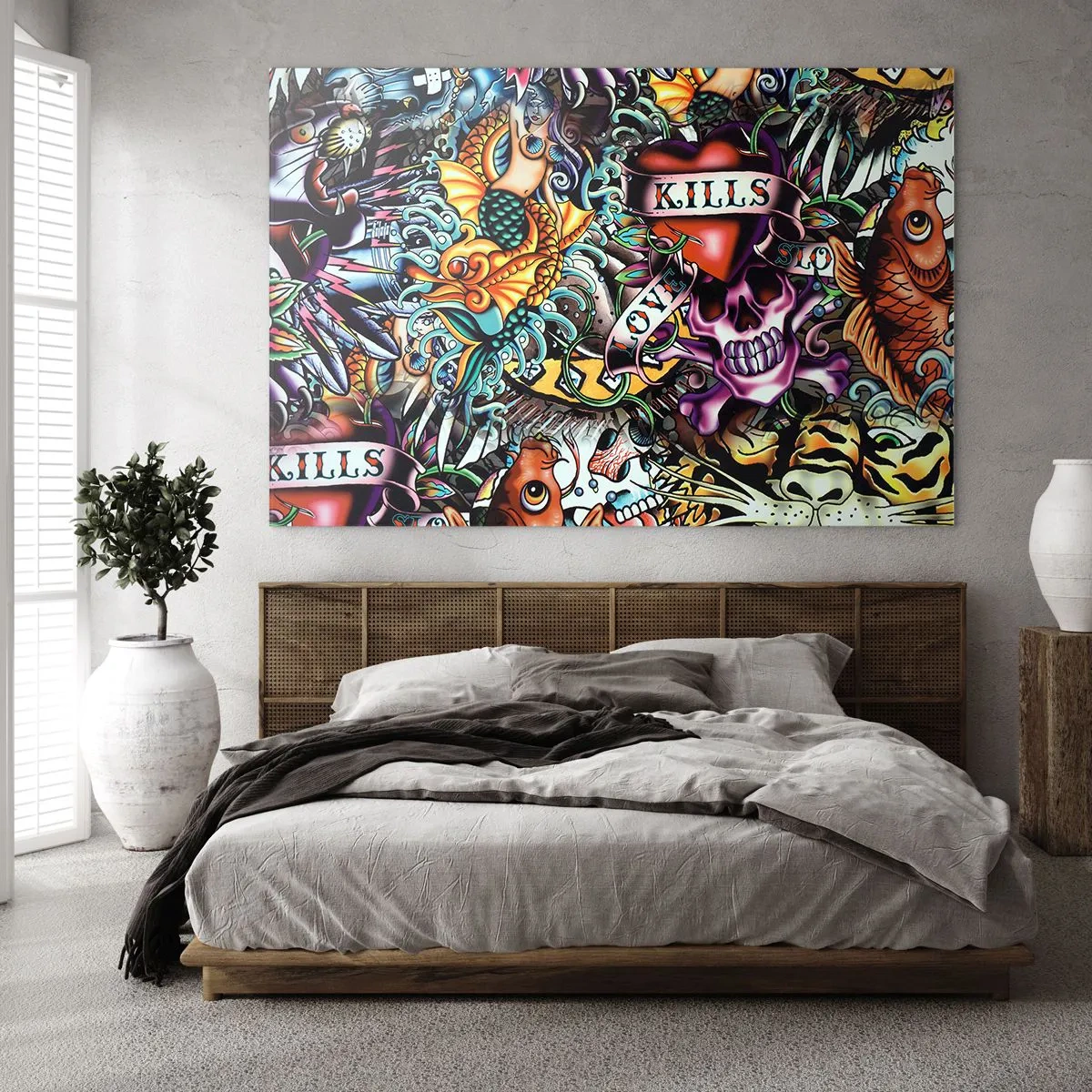 Obraz na skle - Barevná kompozice vzorů inspirovaných tetovacími uměními - 70x50cm - Sen tatéra - Moderní nástěnná dekorace do obývacího pokoje a ložnice ARTTOR